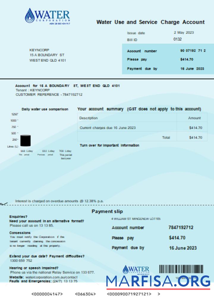 Downloadable Water Corporation WA utility business bill, SCR example